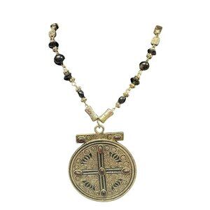 Vintage Pilgrim Silver Tone Necklace With Ornate Round Medallion Pendant & Black
